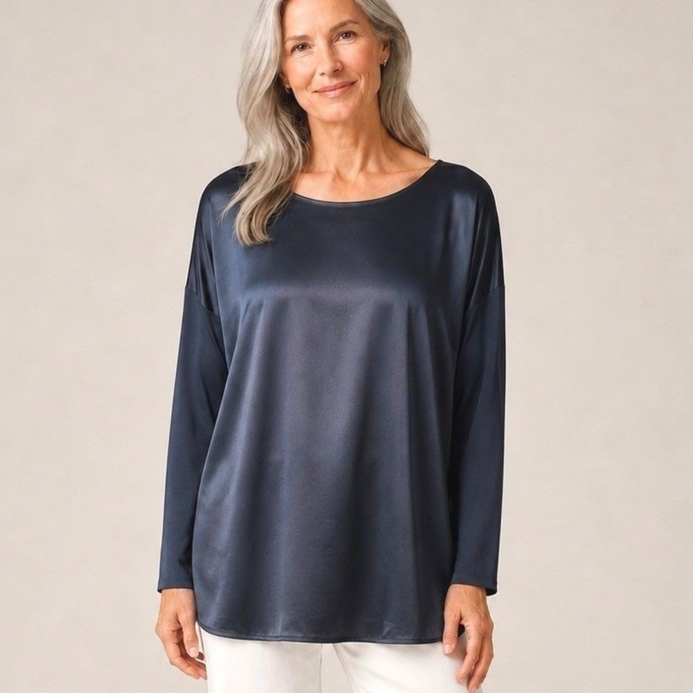 J. Jill Women Navy Blue Mixed Media Satin Front Tunic Top M NEW Chic Evening
